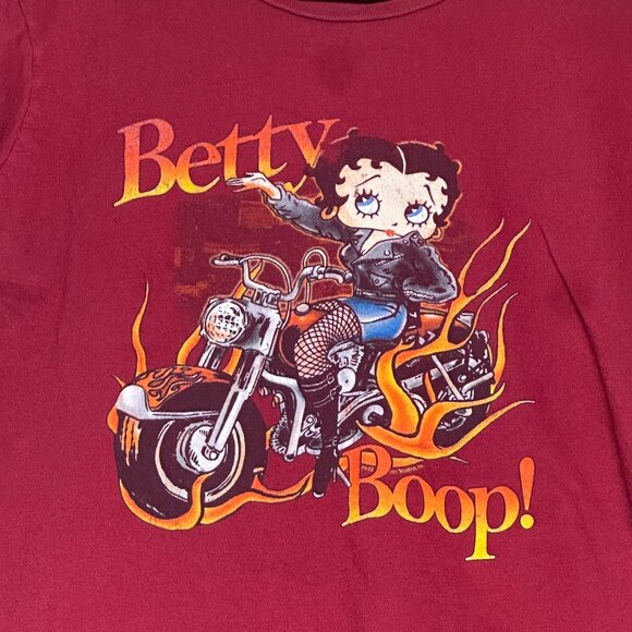 Biker Betty Boop Cartoon Motorcycle Y2K Flaming Graphic T Shirt Women S Red - Picture 2 of 10